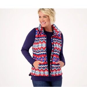 Lands End Womens Down Puffer Vest geometric Fair Isle  Water Resistant Med NWT